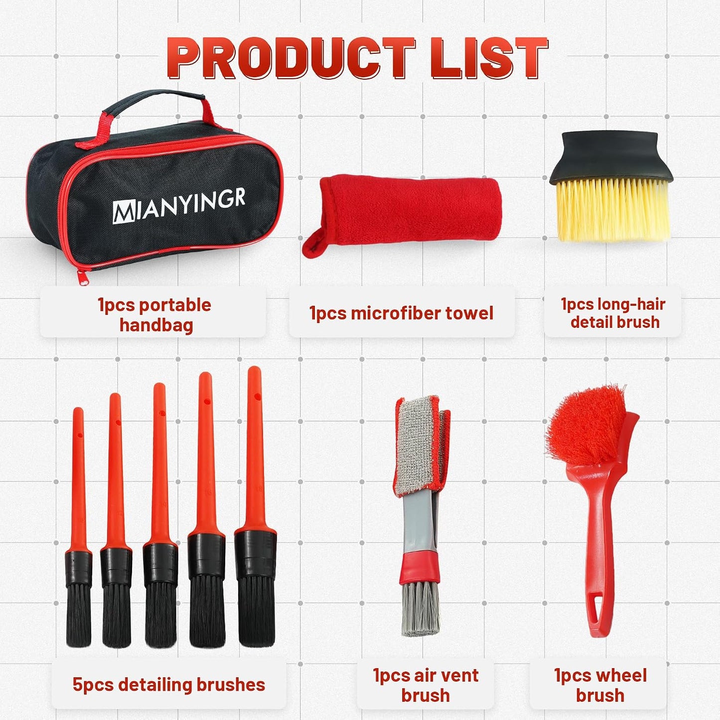 Set 10 Cepillos Limpieza Interior Coche Microfibra con Bolsa