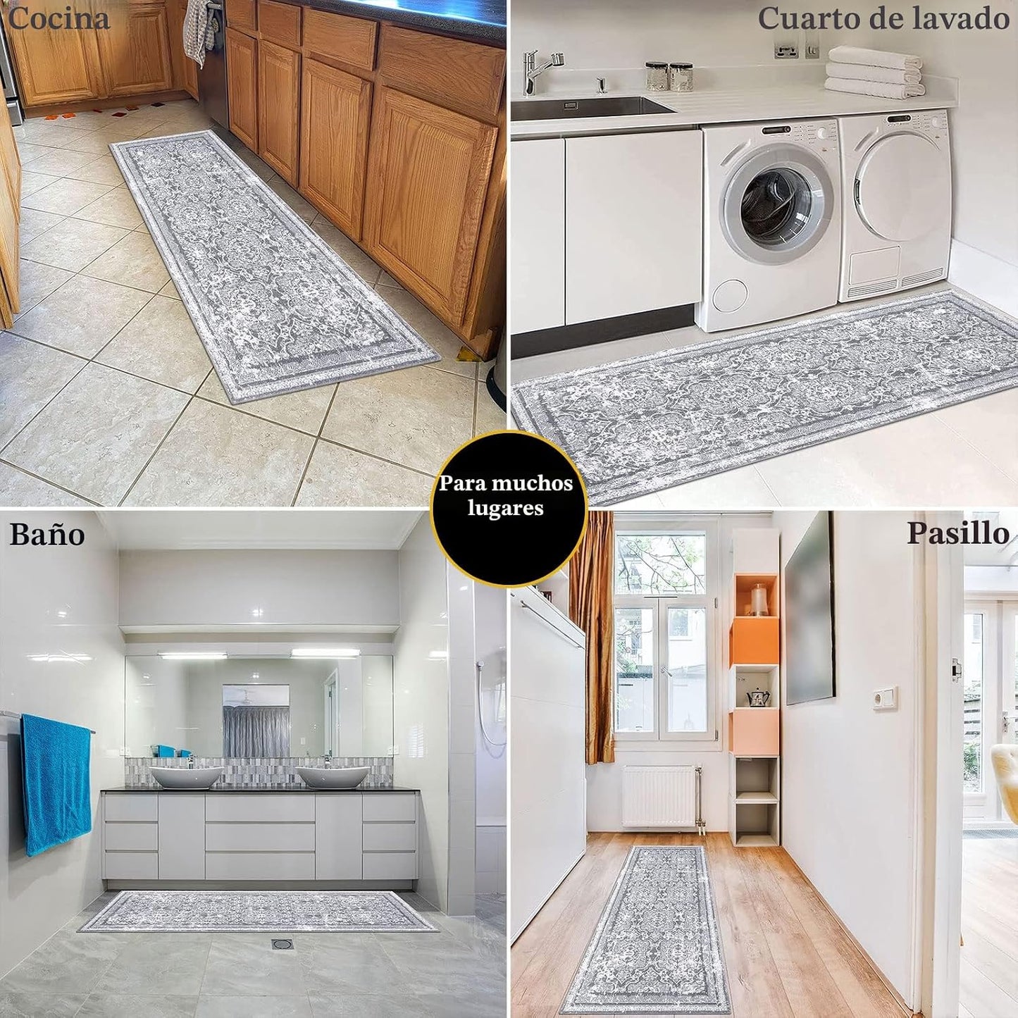 Alfombra boho antiderrap 2x6ft estilo granja gris lavable
