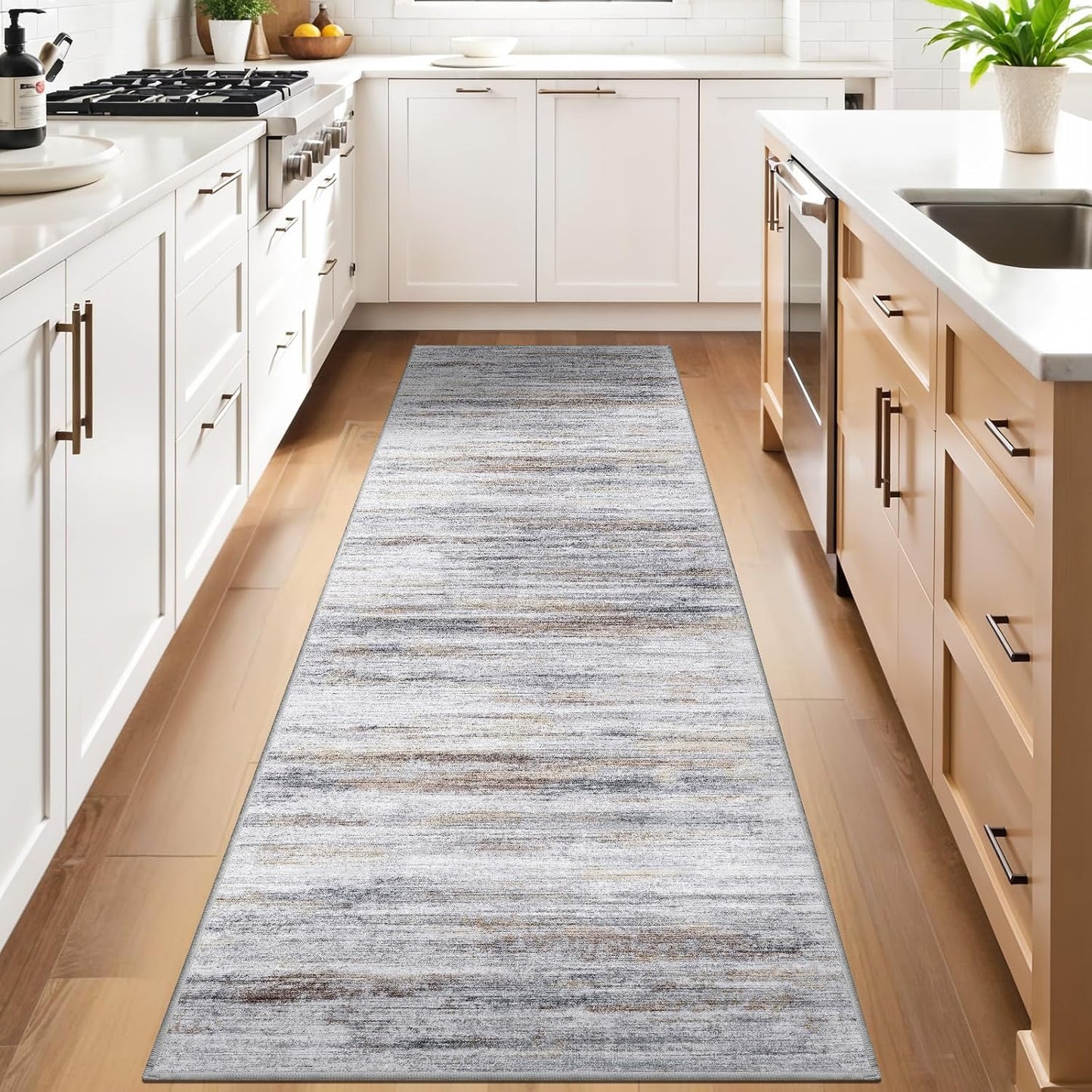 Alfombra lavable 3x10" suave antiderrap beige y gris