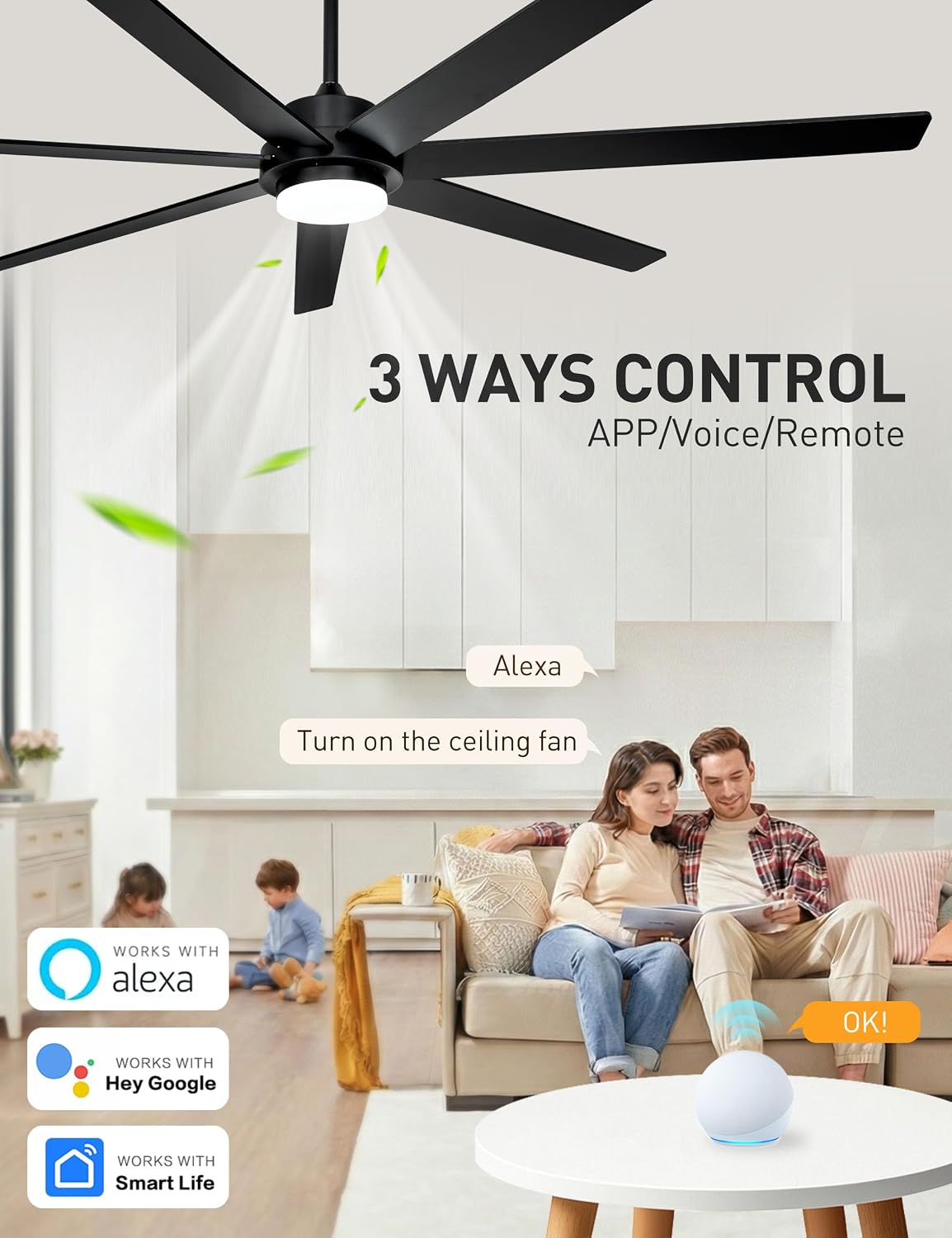 Ventilador techo 72pulg negro luces Alexa 6 velocidades