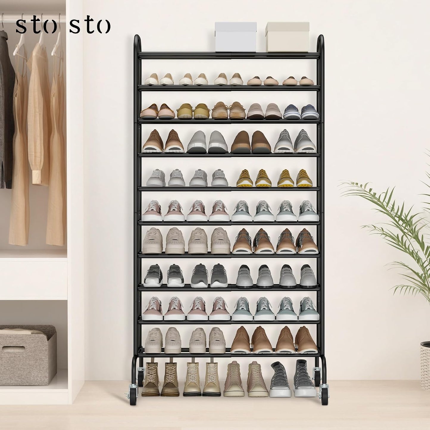 Zapatero metal 10 niveles ajustable para garaje color negro
