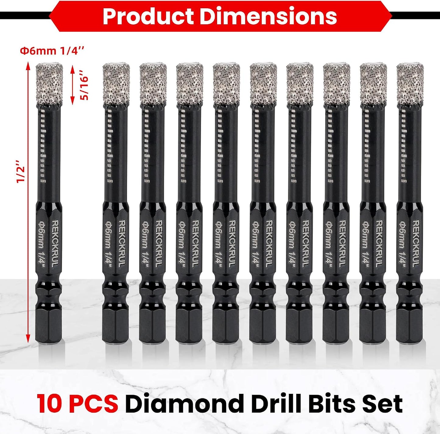 Set 10 Brocas Diamante 1/4pulg para Cerámica Vidrio Granito