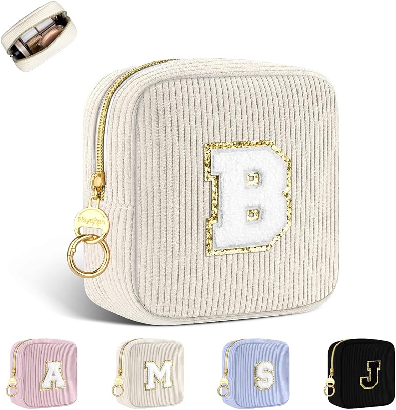 Bolsa maquillaje pana beige hebilla anillo monograma