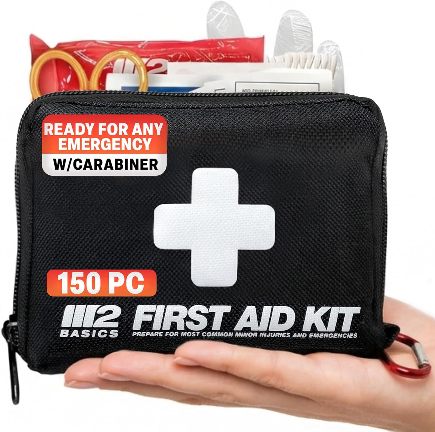 Kit primeros auxilios 150 pzas portátil con bolsa mosquetón