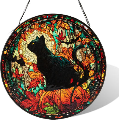 Colgantes vidrieras Halloween gato negro hoja arce gótico