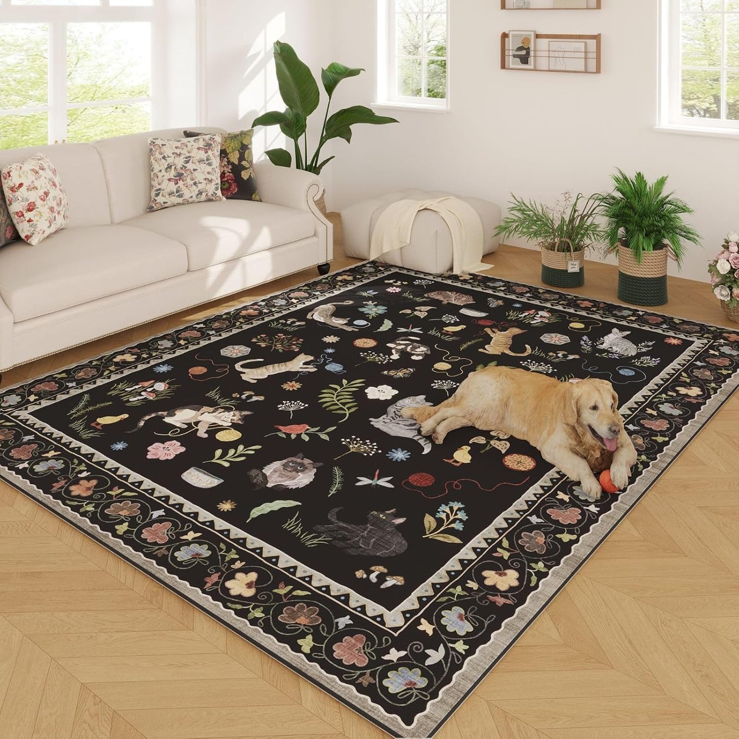 Alfombra sala 5x7pulg lavable boho floral gato vintage