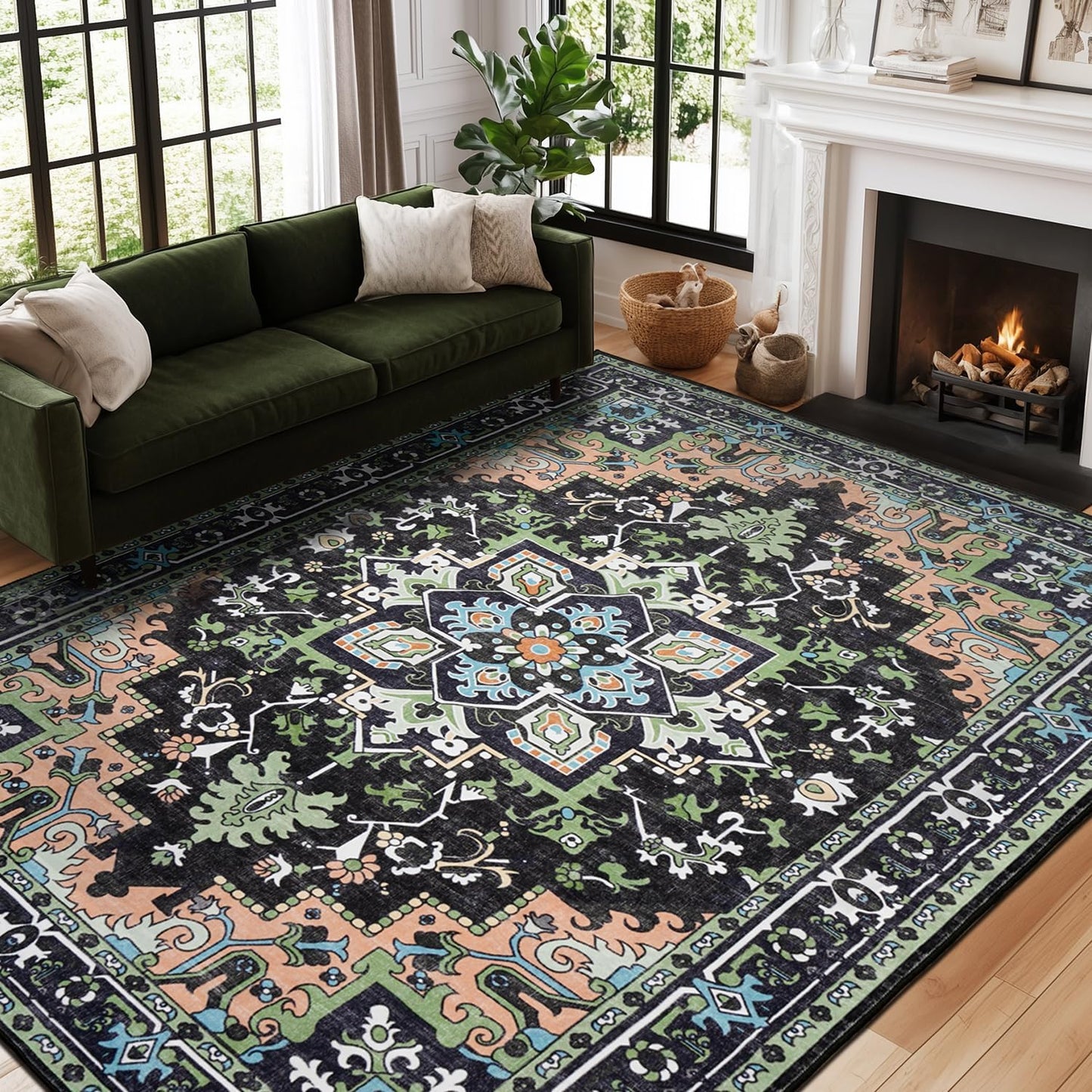 Tapete vintage felpa suave 5x7ft antiderrap verde oscuro