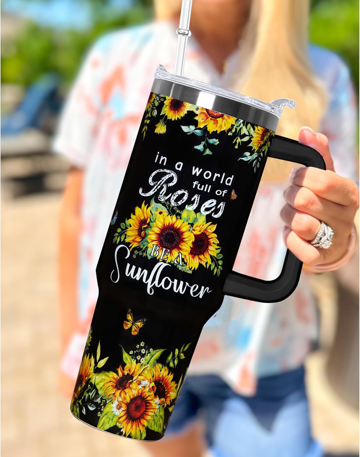 Vaso girasol 40oz doble aislamiento con asa tapa pajita