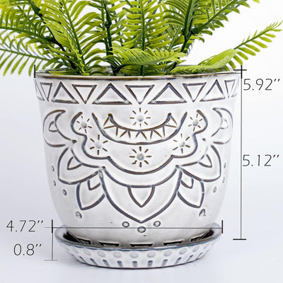 Maceta cerámica estilo bohemio 5.9" grabado geométrico