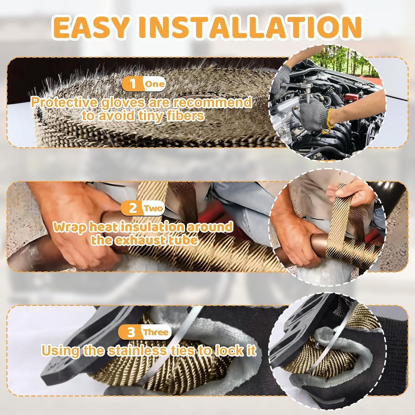 Cinta térmica fibra vidrio 2x16ft con 10 lazos acero inox para moto