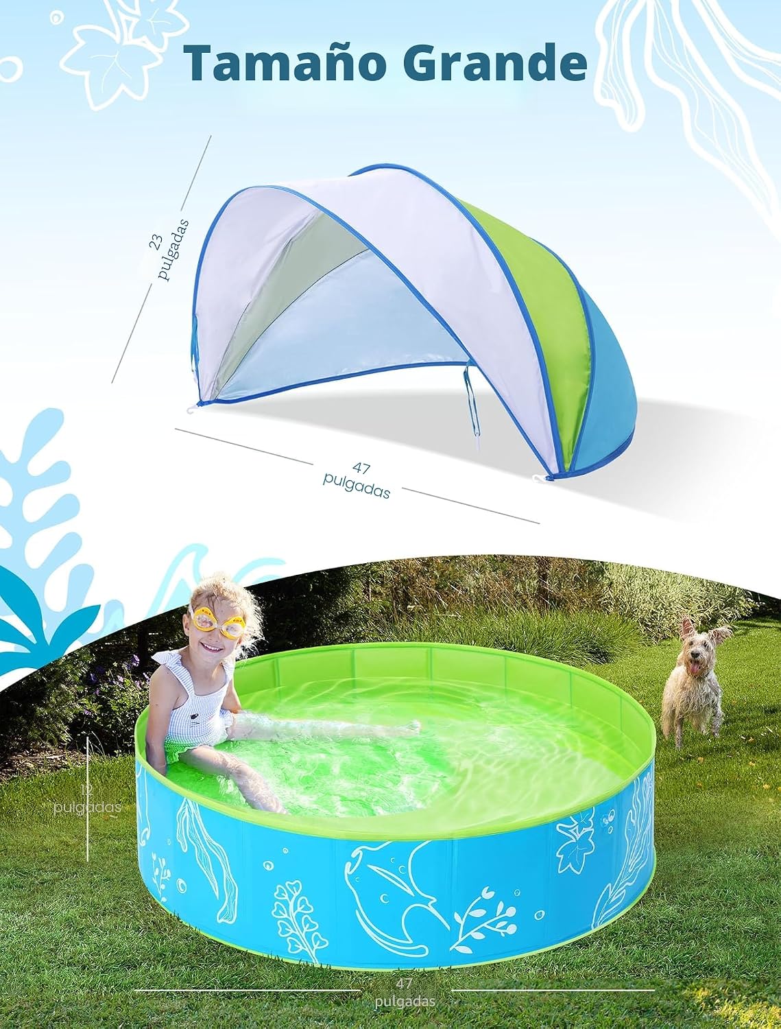 Piscina plegable para niños 47pulg con dosel azul-verde