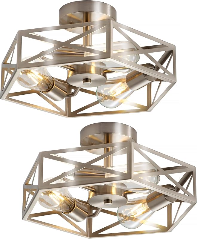 2 Lámparas Techo 3 Luces Jaula Níquel Cepillado 14.5"