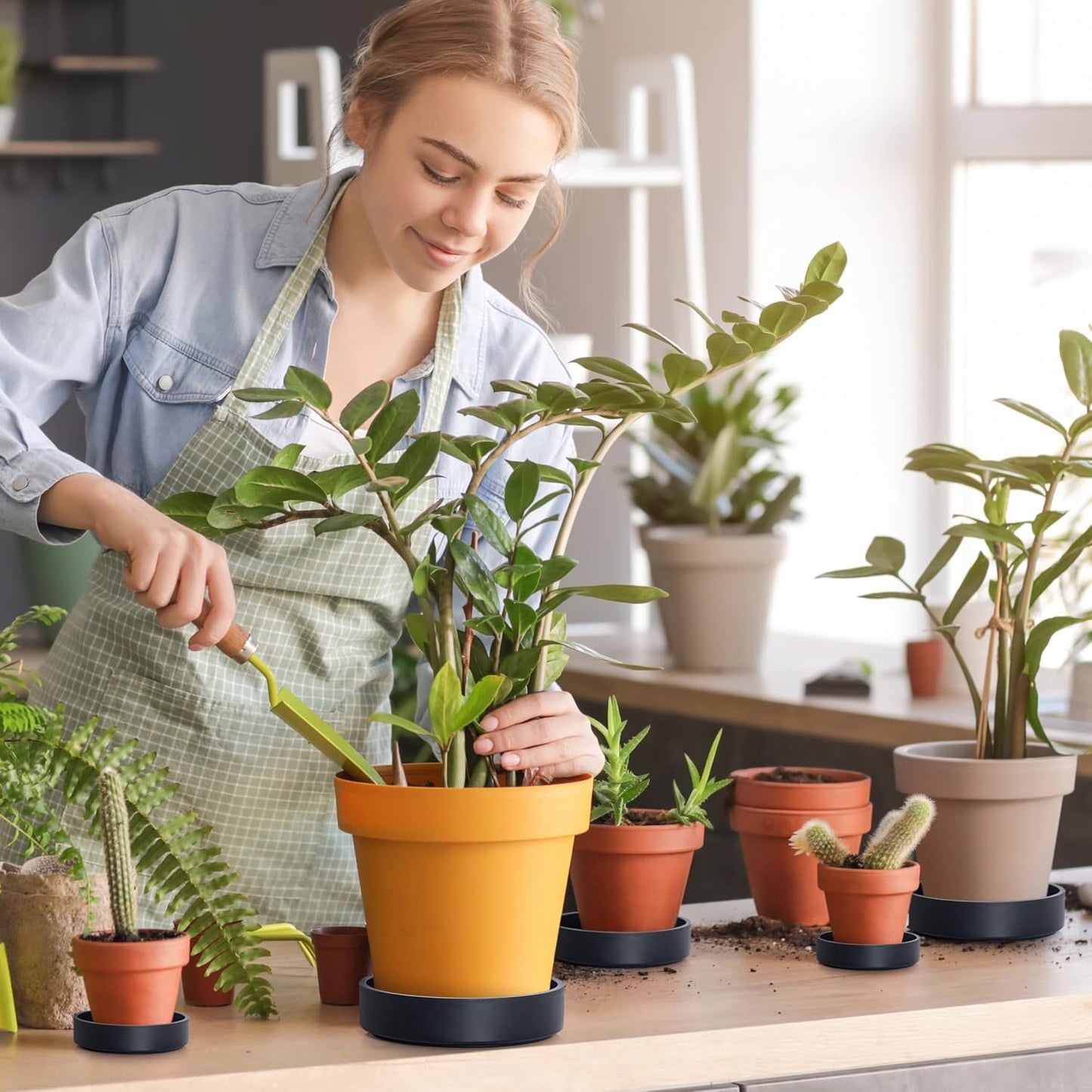 Bandeja drenaje plantas plástico 6" set 2 negro mate