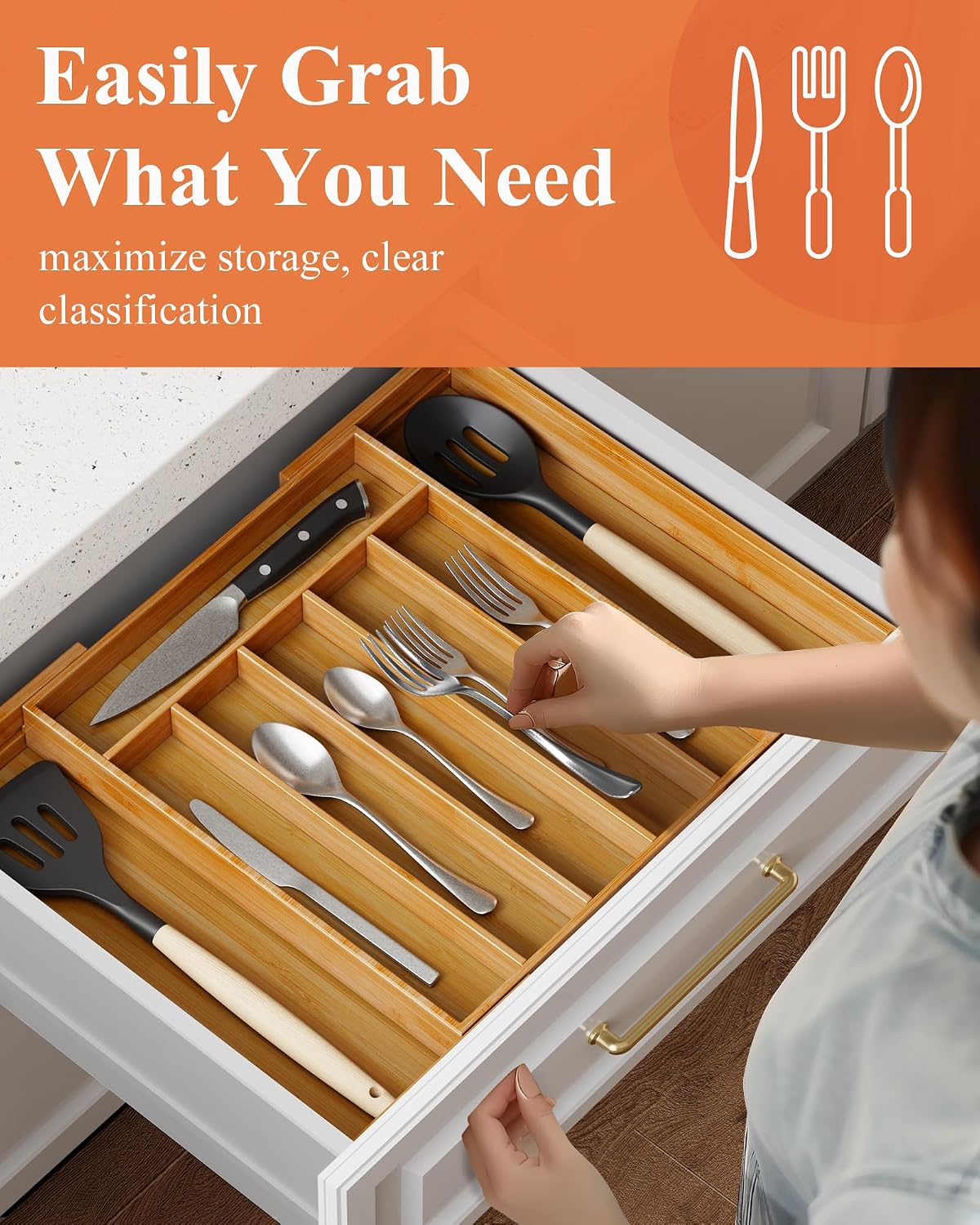 Organiz. cubiertos bambú expandible cajón cocina 6-8 ranuras