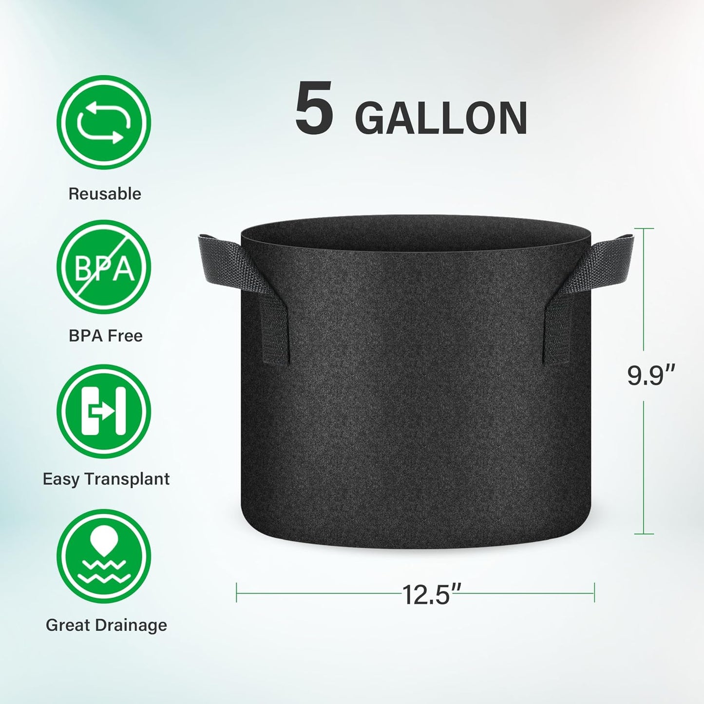 5 Pzas Macetas Tela Aireación Asa 5gal Negro