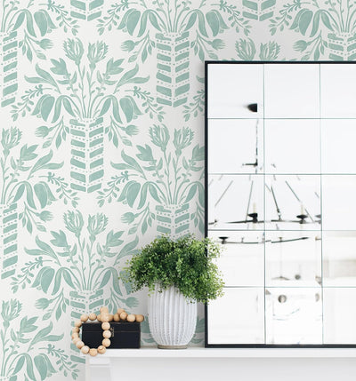 Papel tapiz autoadhesivo floral verde y blanco moderno