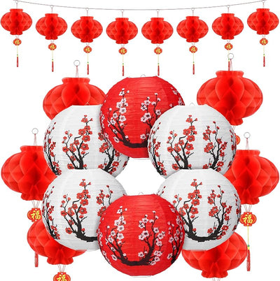 20 Linternas papel chinas 12pulg y faroles rojos 8pulg fiesta