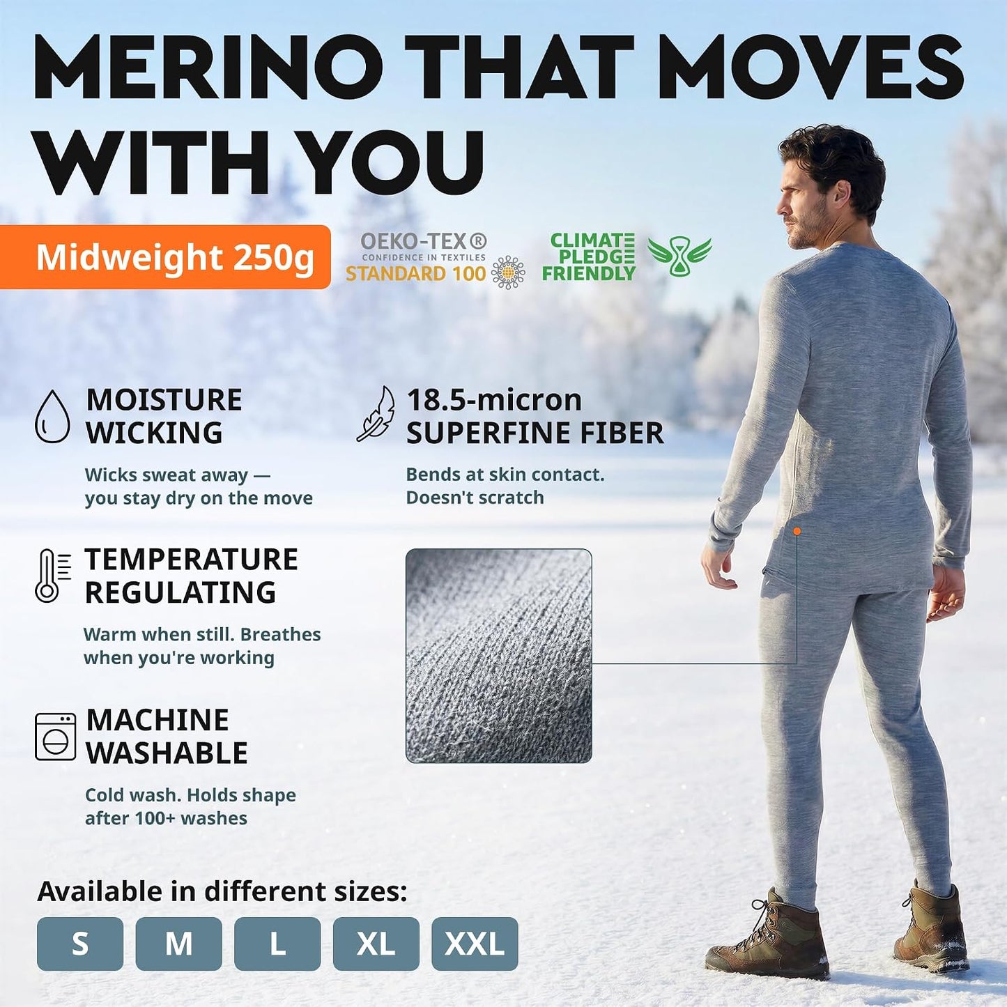 Set pijamas merino wool para hombre termo ligero medio peso