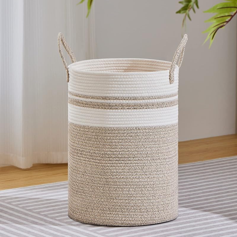 Cesta de cuerda para lavandería 58L marrón y blanco