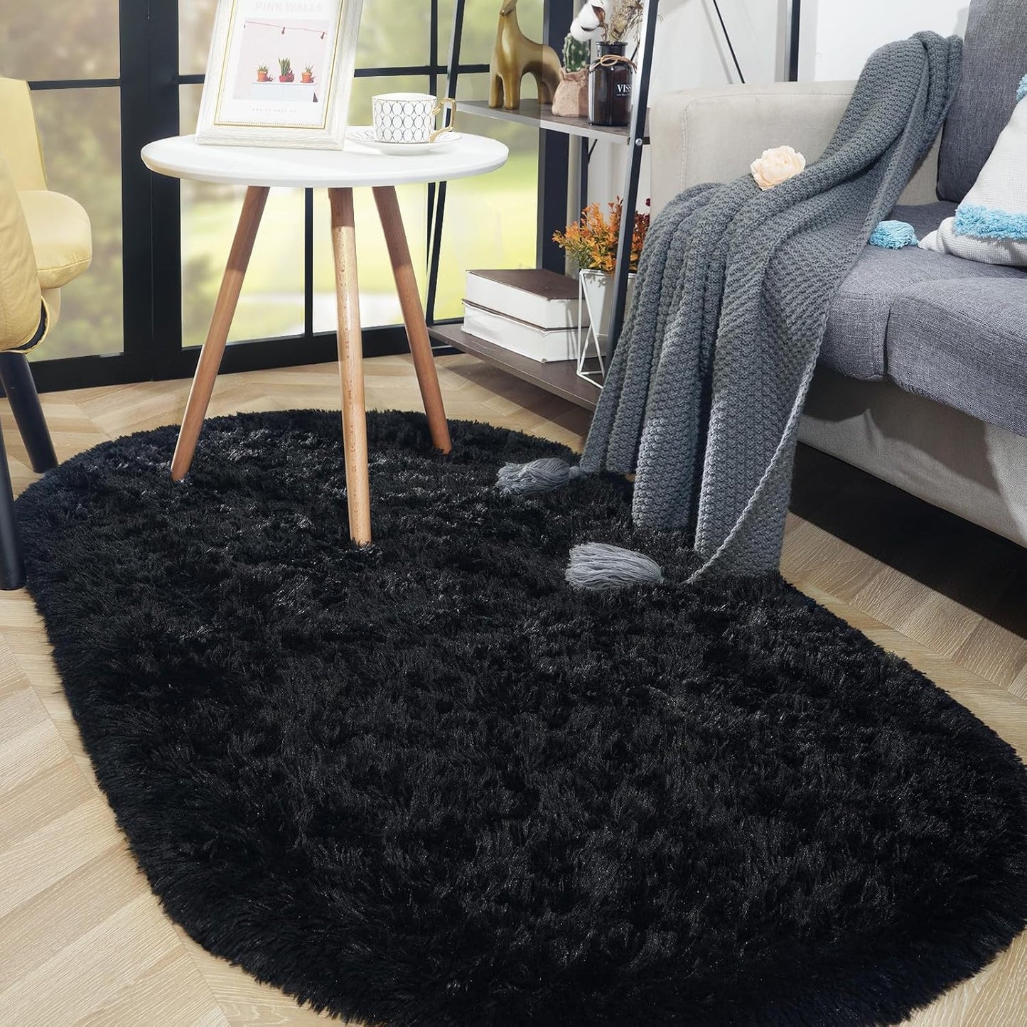 Alfombra lanuda dormitorio niños 2.6x5.3ft color negro