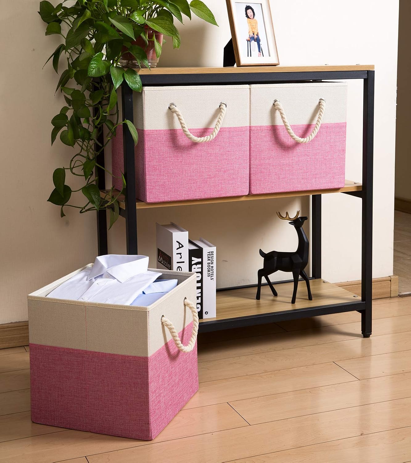 4 Pzas Cubos Almacenamiento Tela Lino 11x11" Plegables