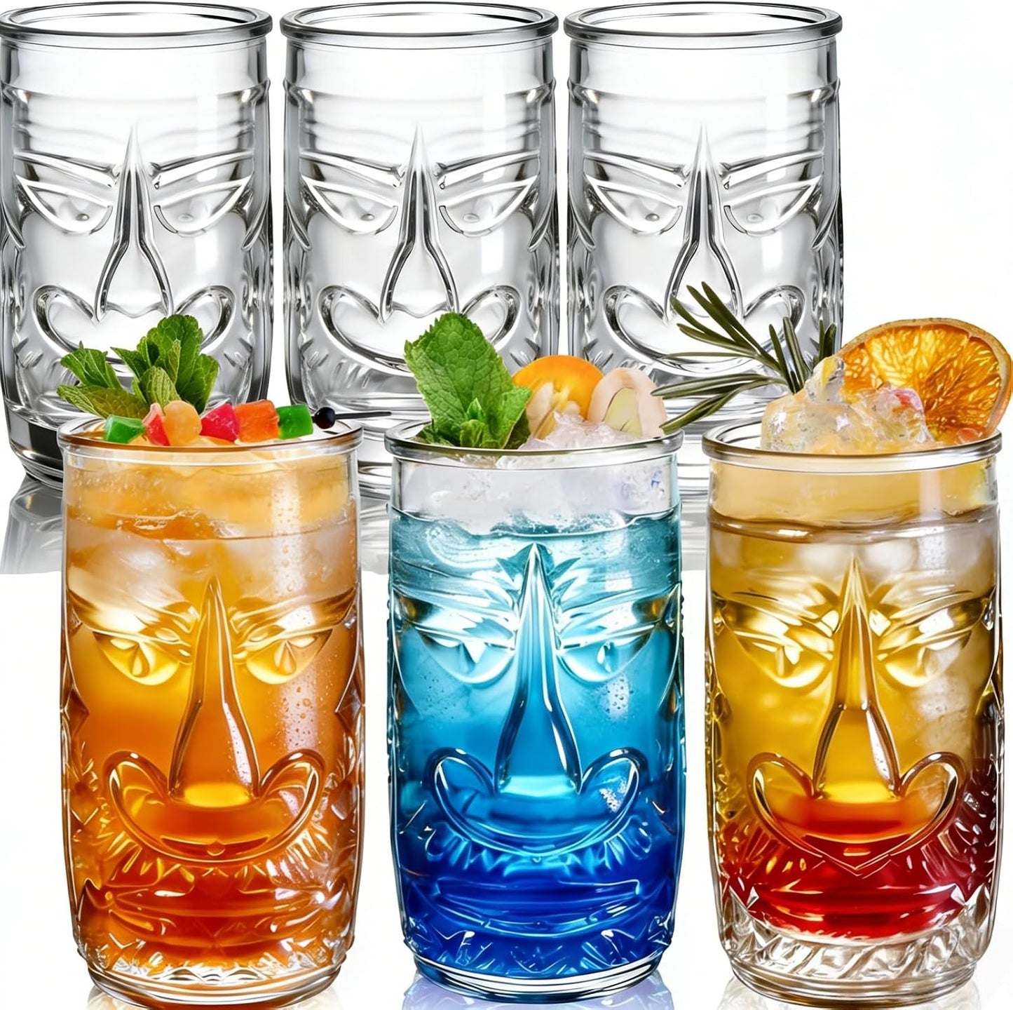 6 Pzas Vasos Tiki 16oz Transparentes Estilo Hawaiano