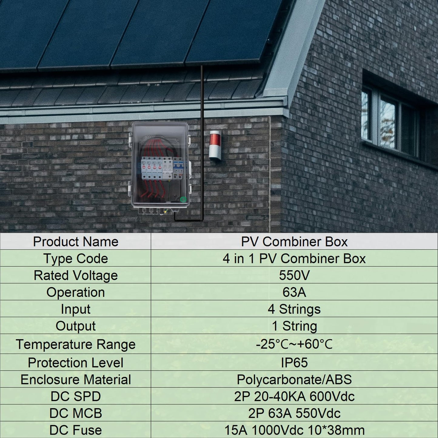 Caja solar transparente 4 cuerdas 550V CC con pararrayos