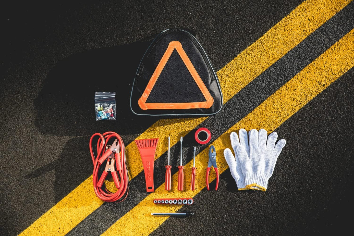 Kit emergencia automóvil con cables puente y herramientas