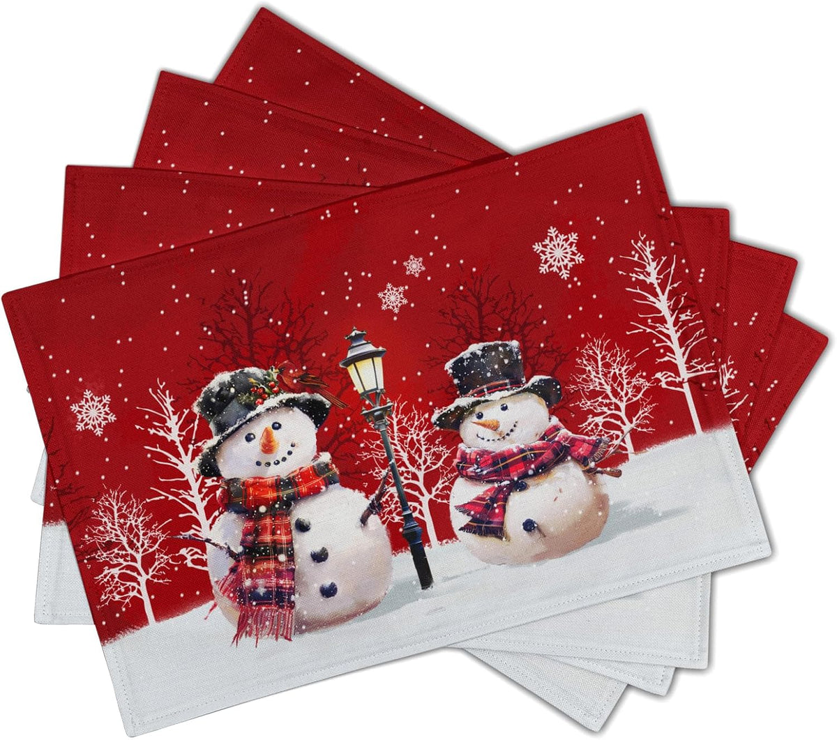4 Manteles Lino Rojos con Muñeco Navidad 12x18pulg