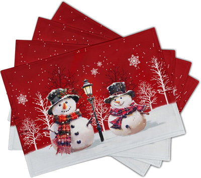 4 Manteles Lino Rojos con Muñeco Navidad 12x18pulg