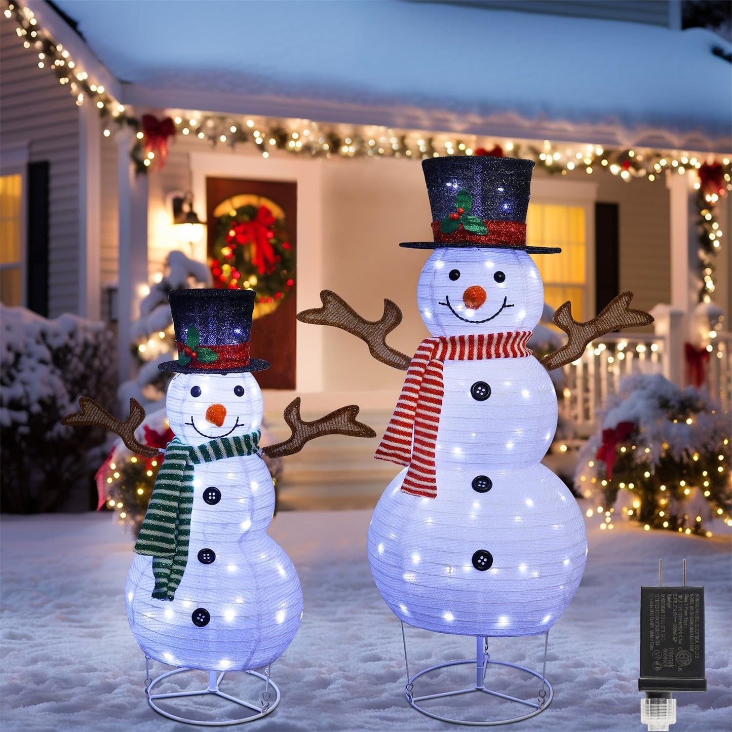 2 Muñecos Nieve Blancos Plegables con Luces LED Exteriores
