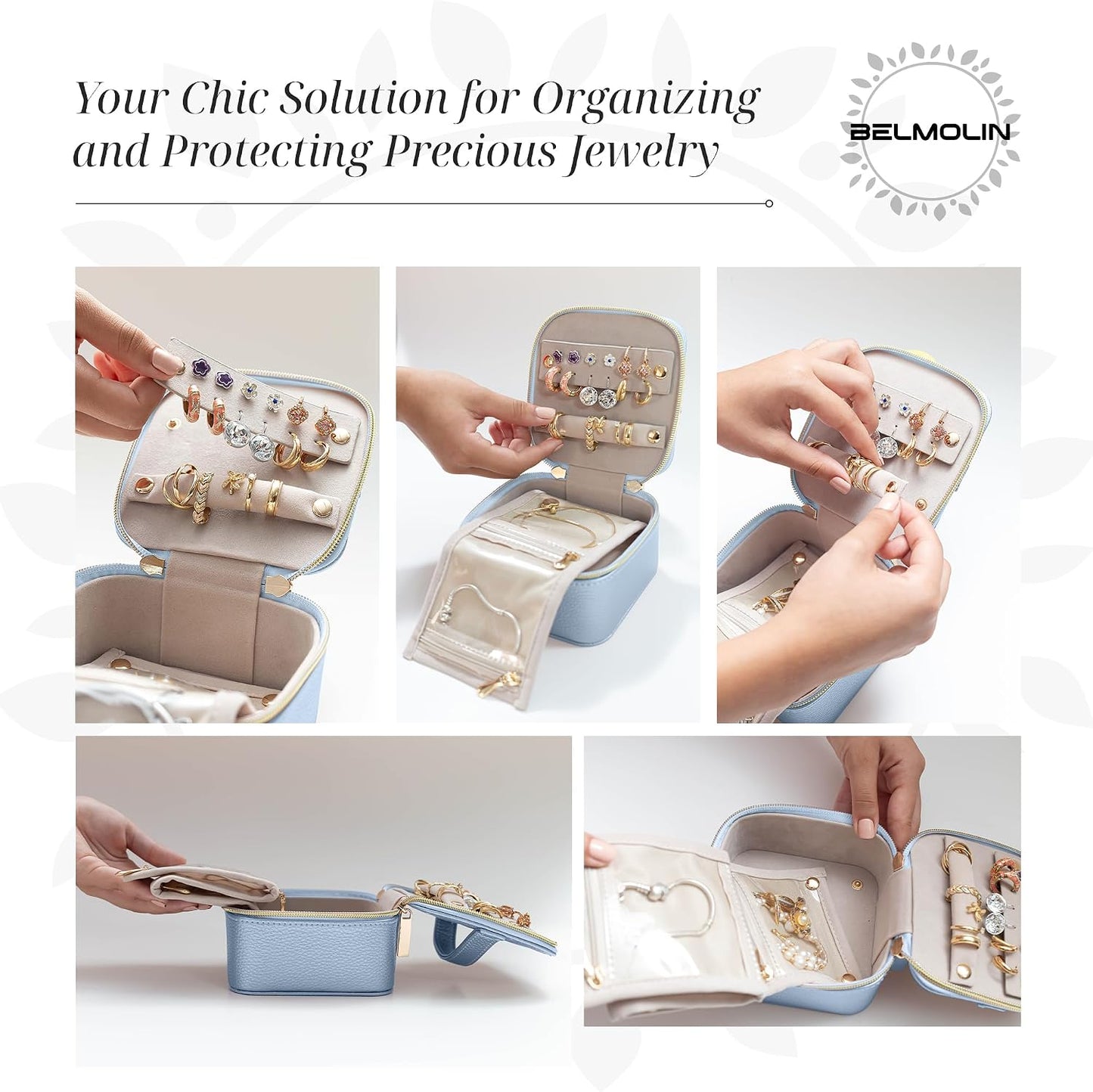 Estuche viaje joyas antienredos para mujer azul cielo