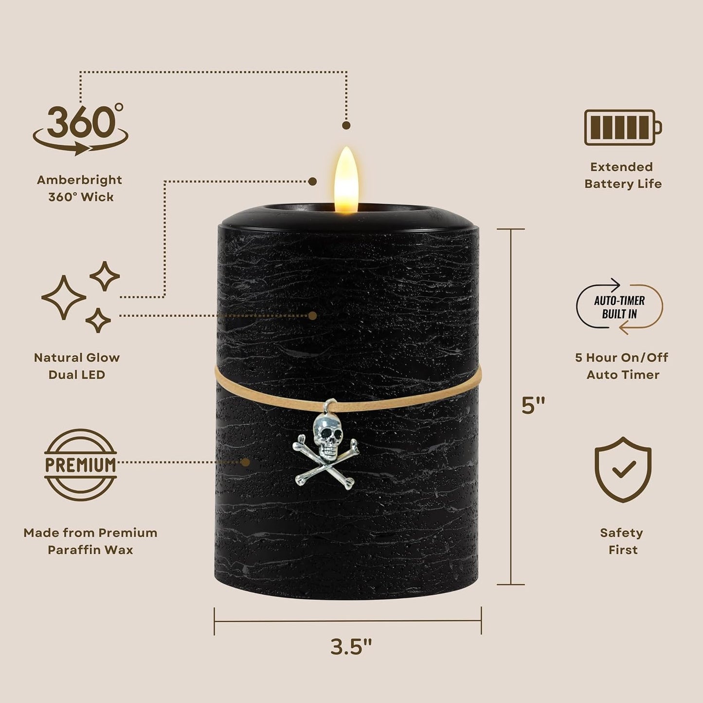 Vela LED parpadeante sin llama 3.5x5pulg color negro