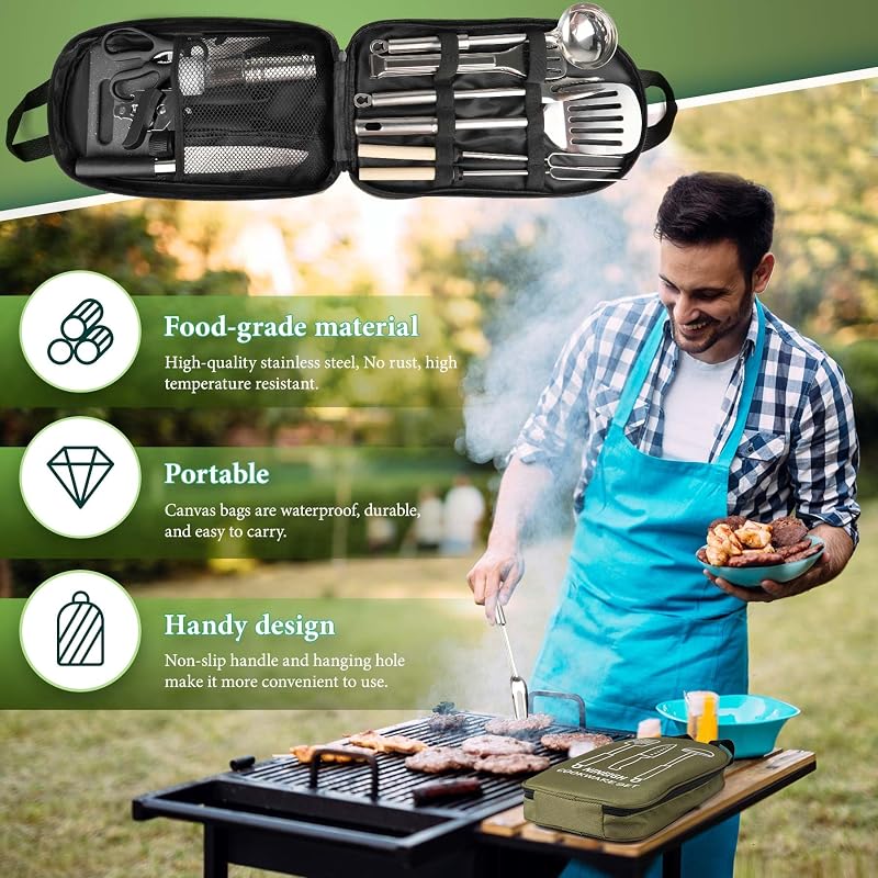 Set utensilios cocina acampar acero inox parrilla