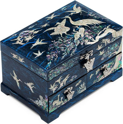 Caja joyería laqueada 2 niveles grúas azul
