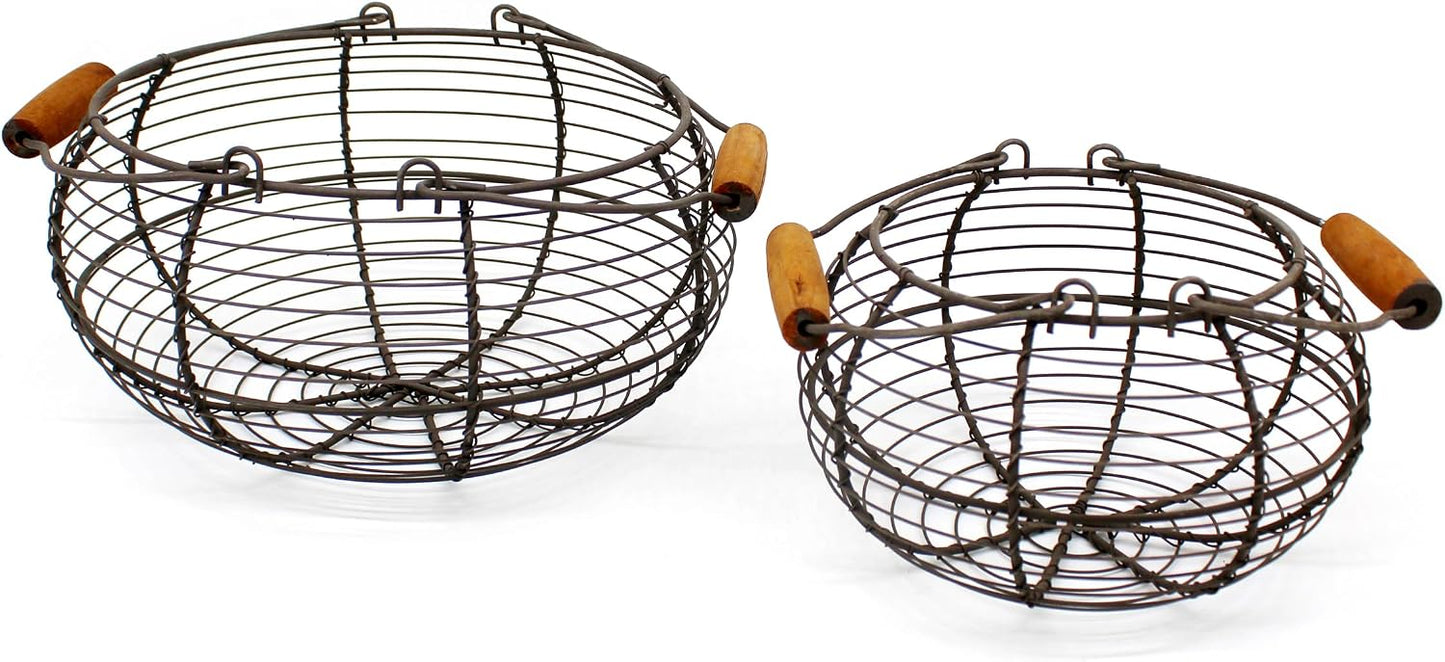 Cestas huevos alambre asas madera vintage set 2