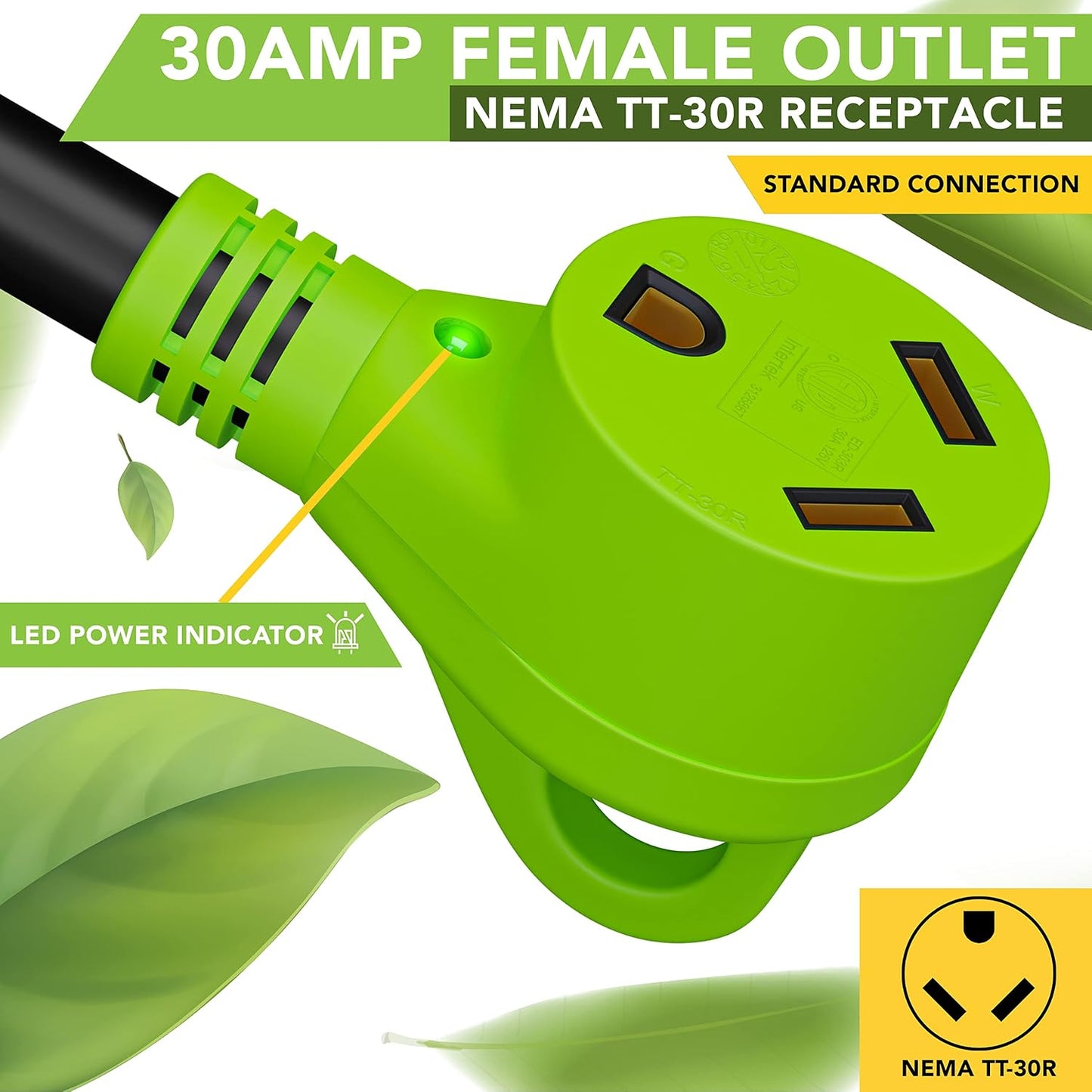 Cable extensión RV 10pies 30A con LED enchufe 30A