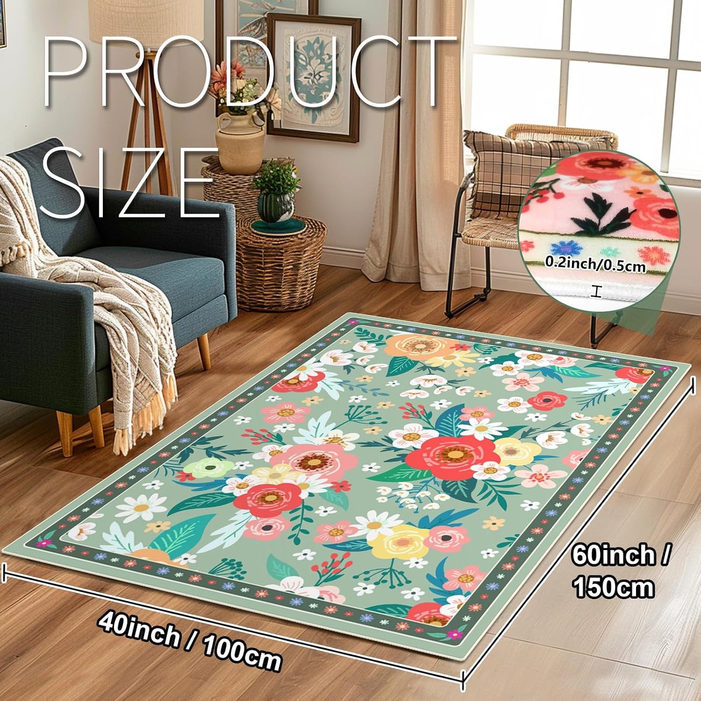 Alfombra lavable 5x3ft antiderrap estilo bohemio dormitorio