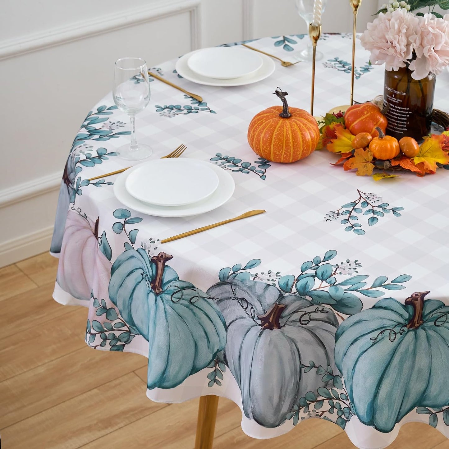 Mantel redondo calabaza azul 60pulg poliéster reutilizable
