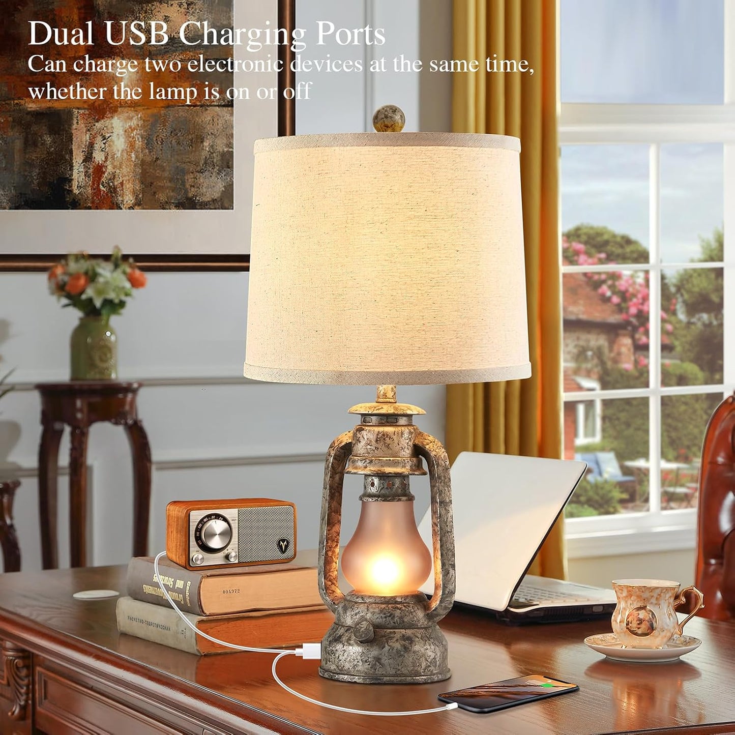2 Lámparas Mesa Rústicas Estilo Farol con USB 4 Bombillas