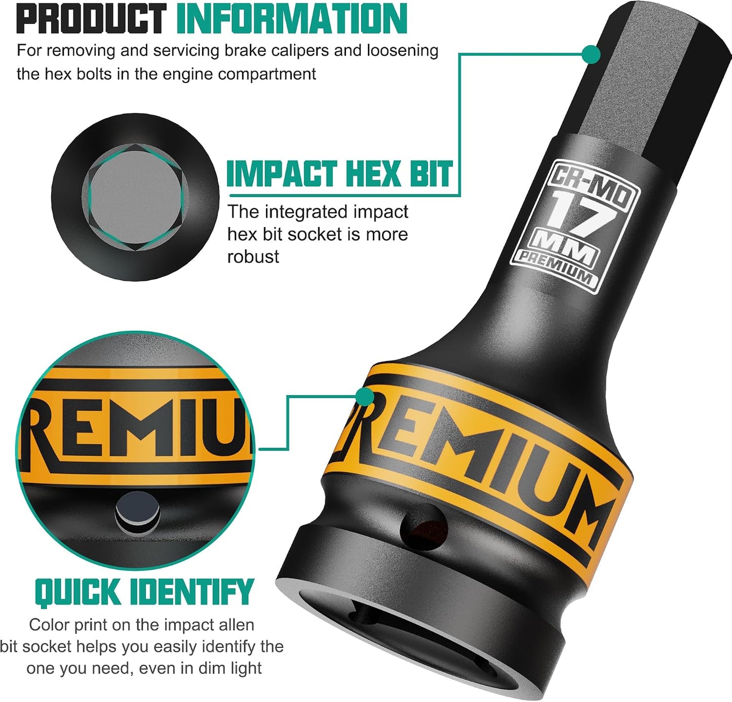 Enchufe hexagonal H17 17mm acero Cr-Mo uso mecánico