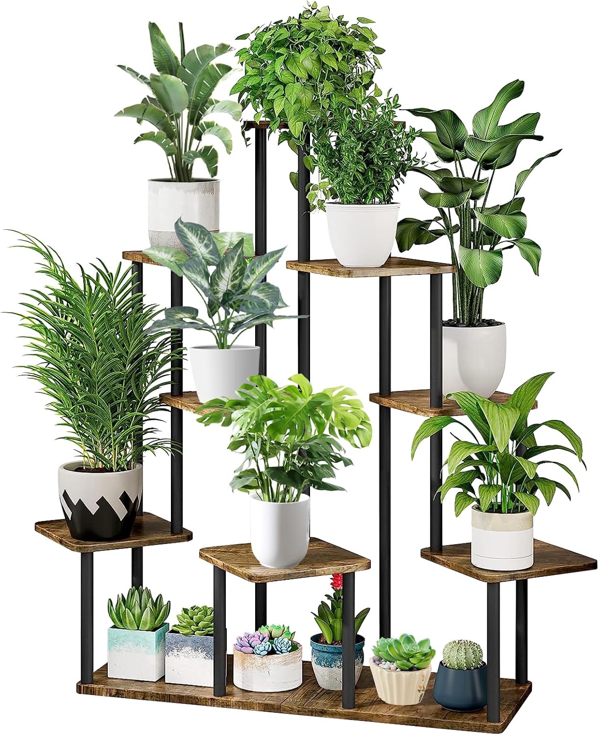 Soporte madera 9 niveles estante metal para macetas interiores