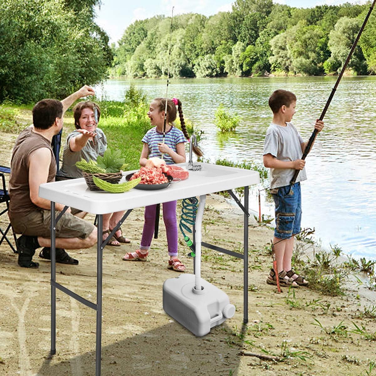 Mesa portátil para limpieza de peces con fregadero plegable