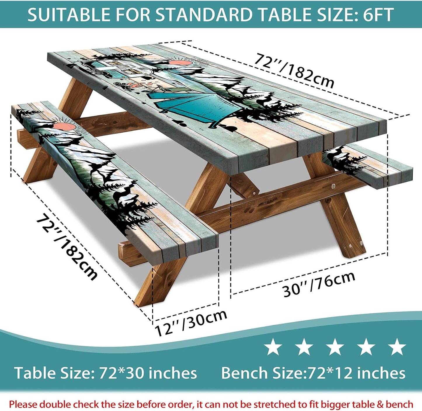 Funda mesa picnic con bancos 6ft tela madera elástica 3 pzas