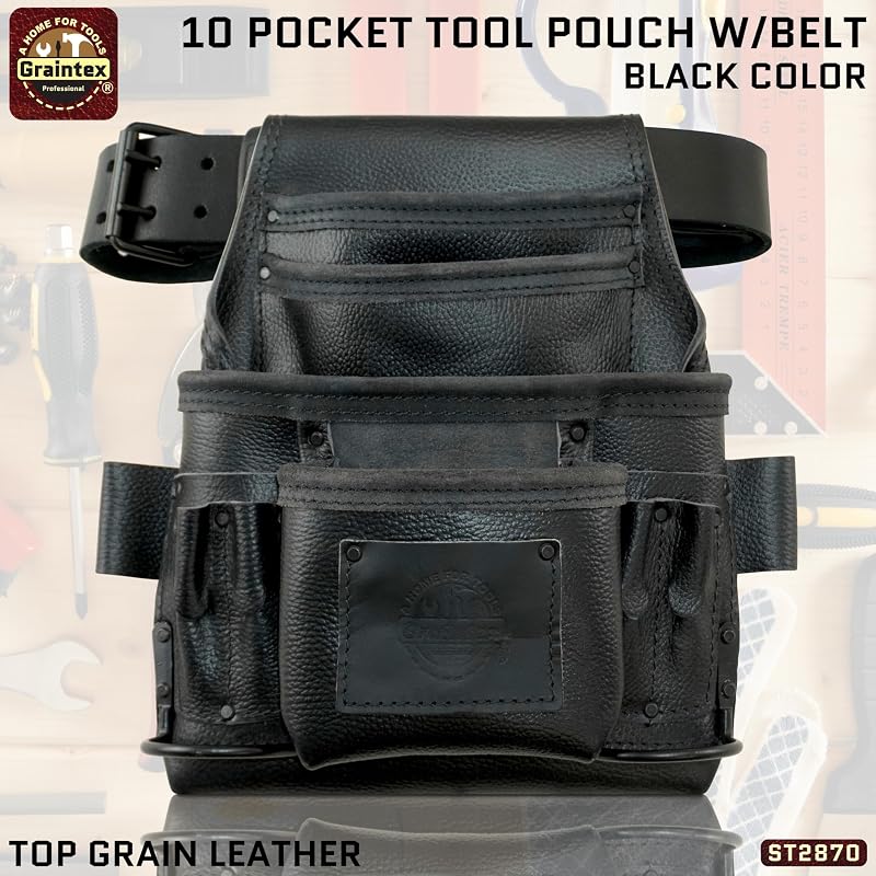 Bolsa cuero negro 10 bolsillos herramientas con cinturón