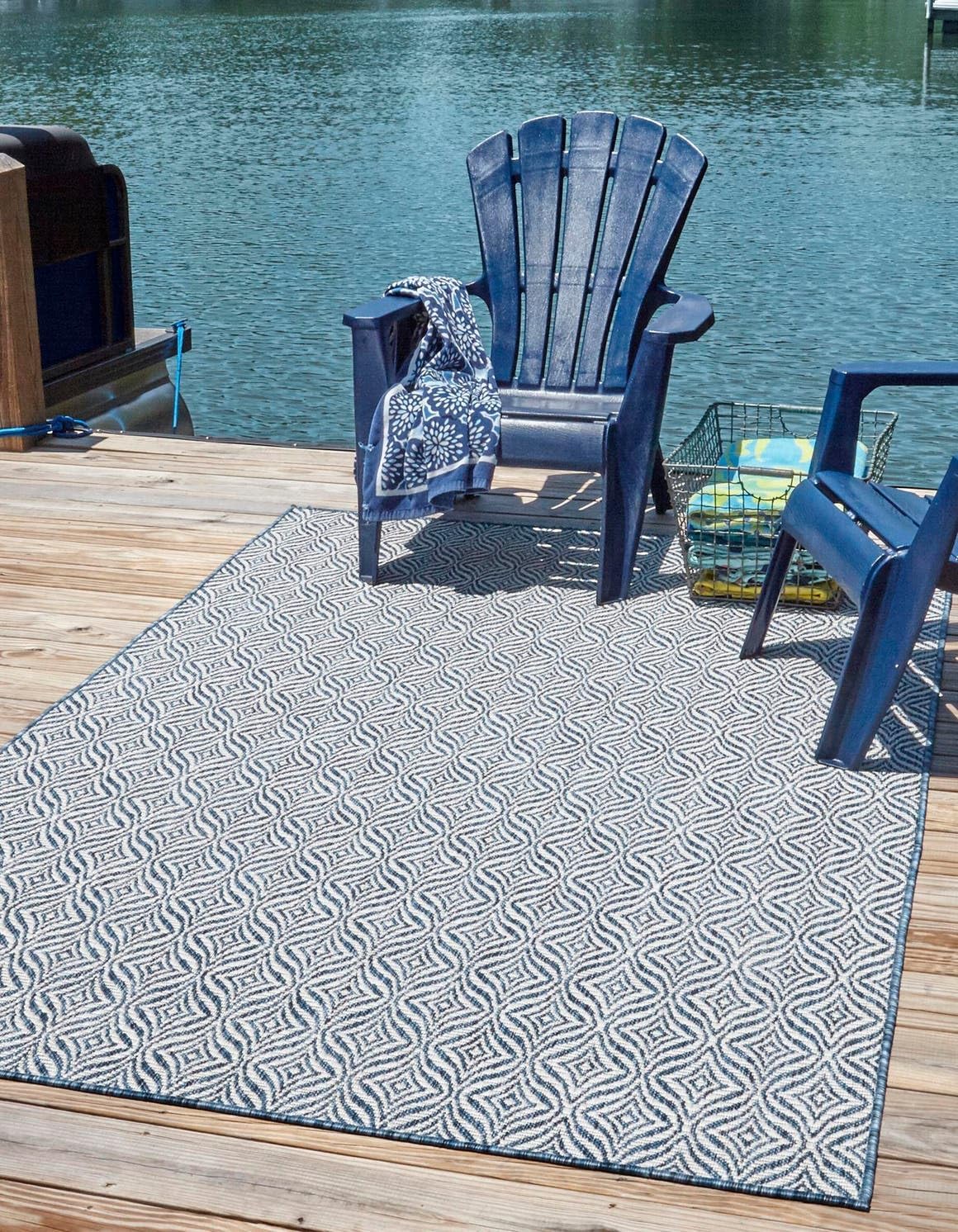 Alfombra decorativa enrejado 9x12ft rectangular azul/marfil