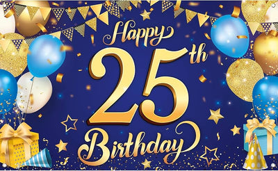 Cartel feliz cumpleaños 25 XL 72x44pulg azul y dorado