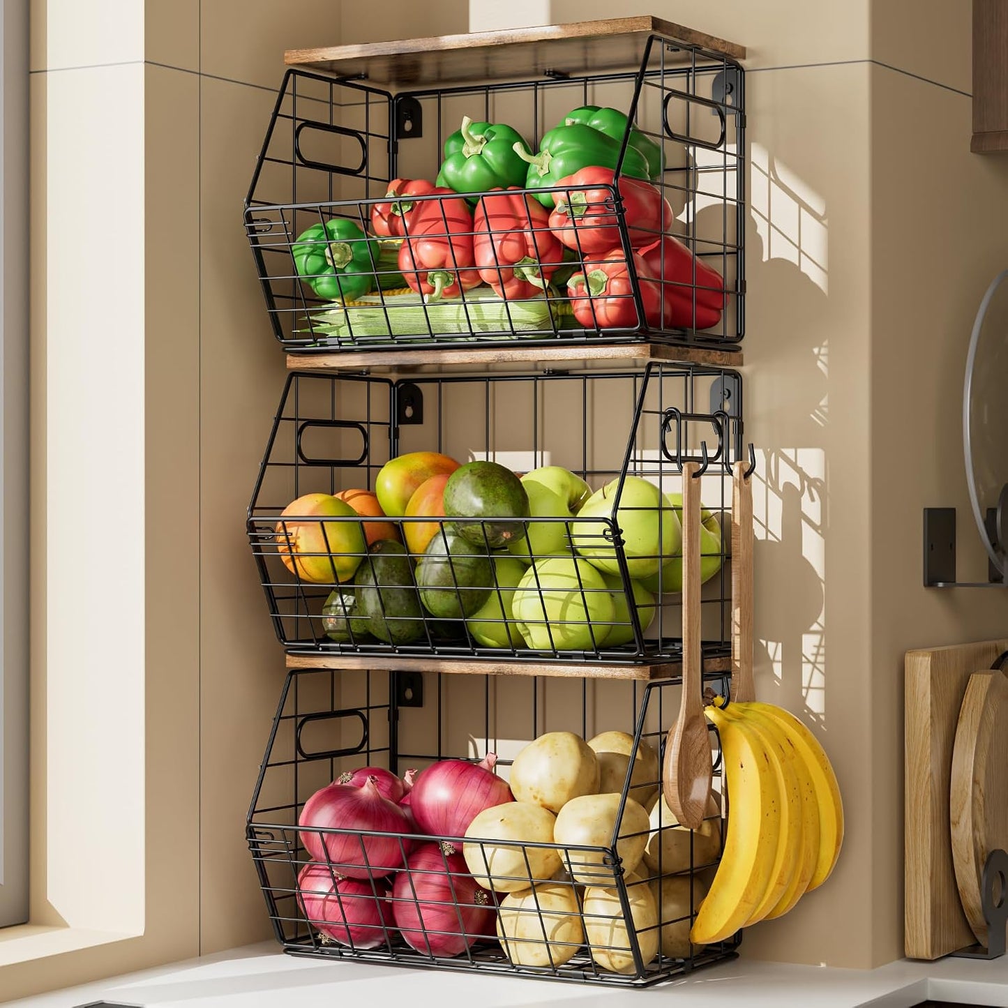 Cesta frutas metal tapa madera set 3 organiz. pared cocina