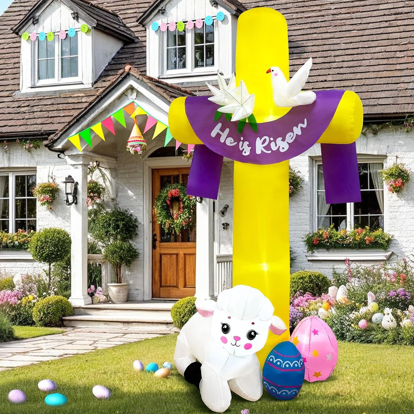 Inflable Pascua 8ft para patio cruz Él is Risen cordero