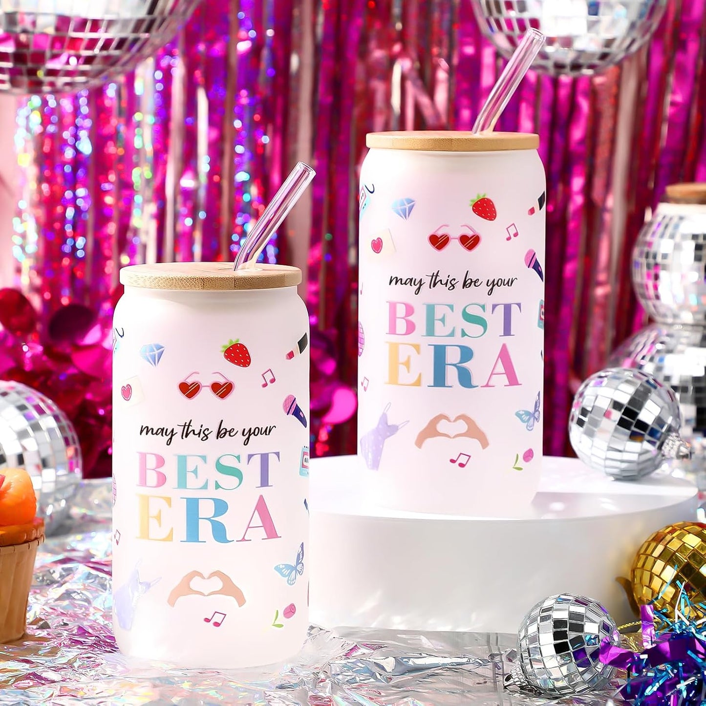 2 Vases Vidrio Tapa Bambú Pajita 16oz Regalo Música